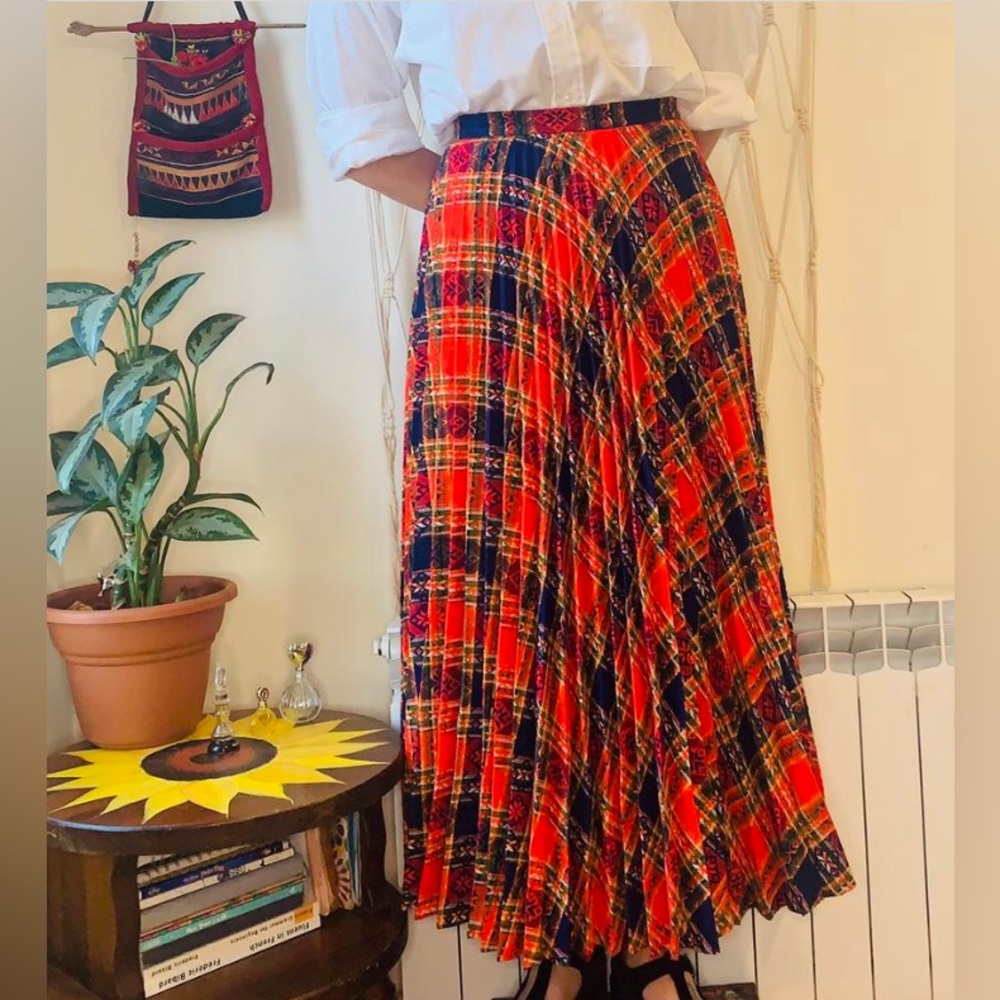 Red, Navy, plaid pleated wool Holiday Circle Maxi Skirt